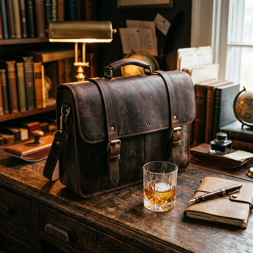 Premium leather briefcase on wooden desk